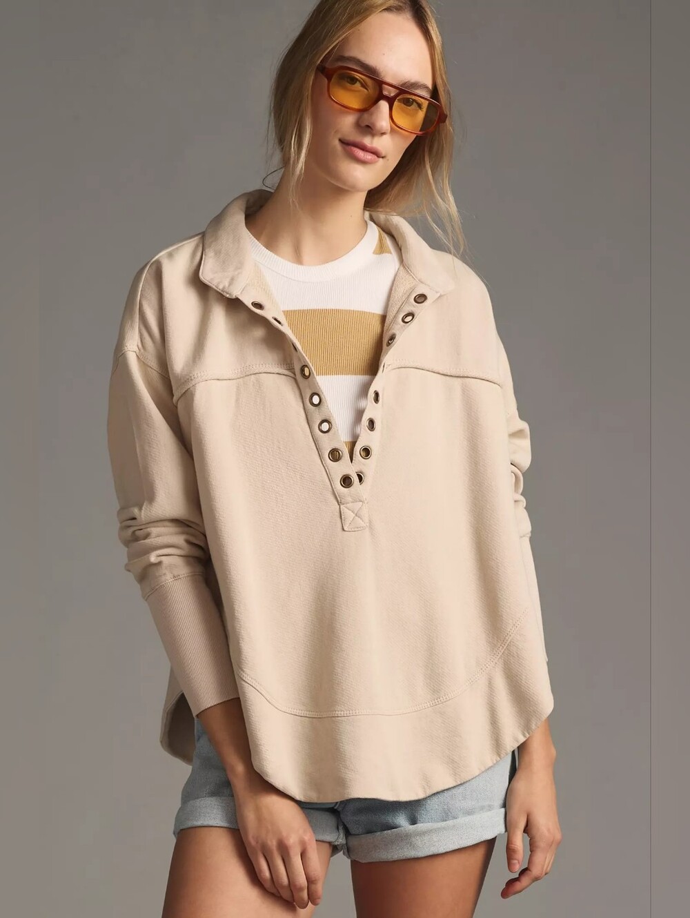 Pilcro By Anthropology Cream Eyelet-Trim Pullover Top Oversized Sweatshirt XS